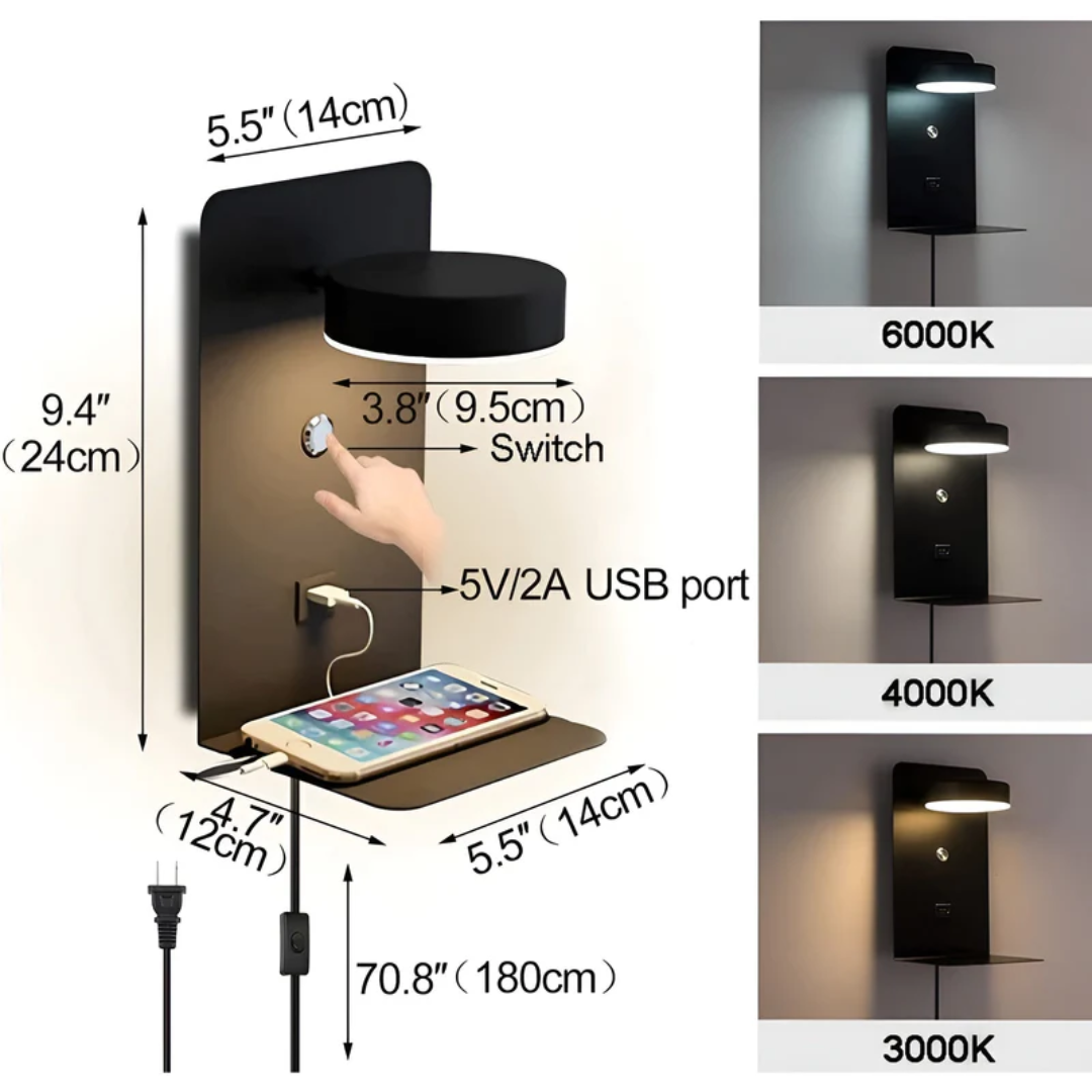 Schwarze LED-Wandleuchte mit USB-Anschluss, Touch-Schalter, 3 Farbtemperaturen, Handyhalter.