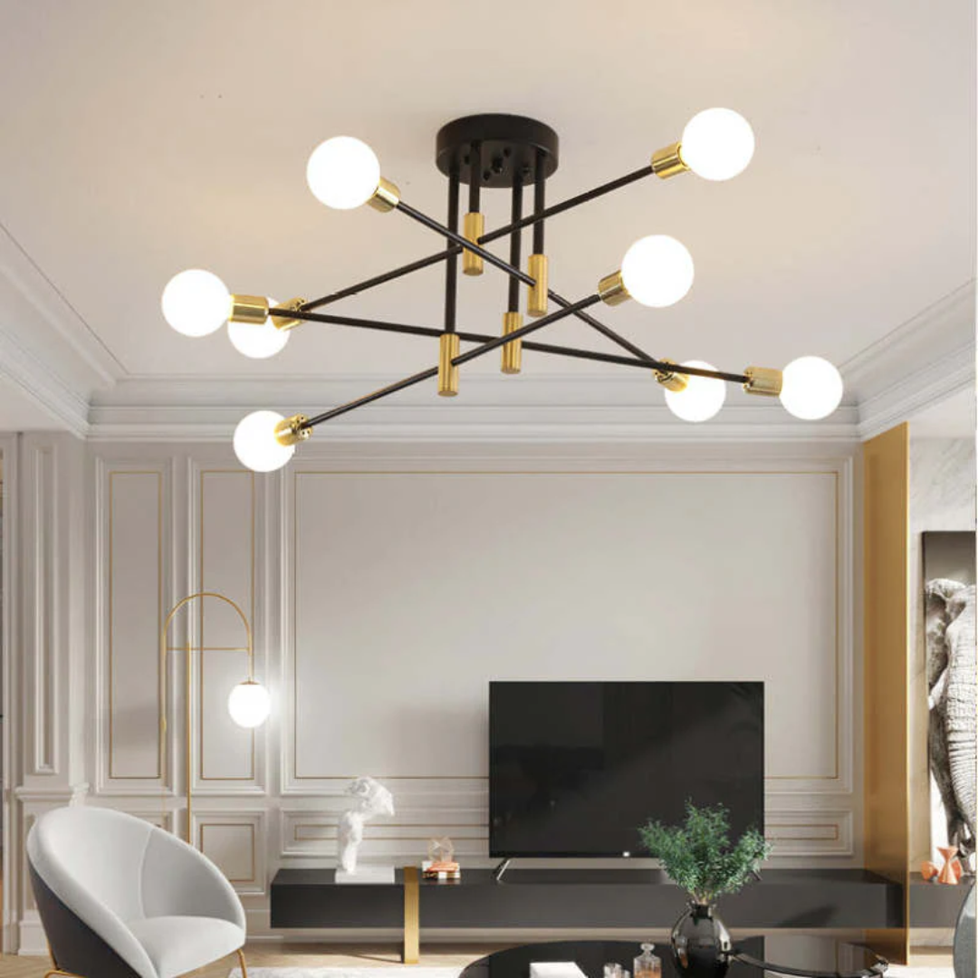 Moderne schwarze Deckenleuchte mit acht weißen Kugellampen im Wohnzimmer, elegantes Design.