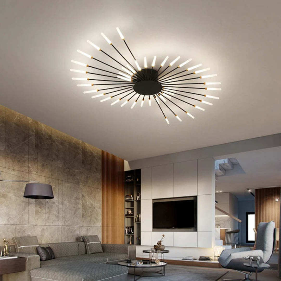 Moderne LED-Deckenleuchte, schwarz, strahlenförmig, Wohnzimmer, stilvolles Design.