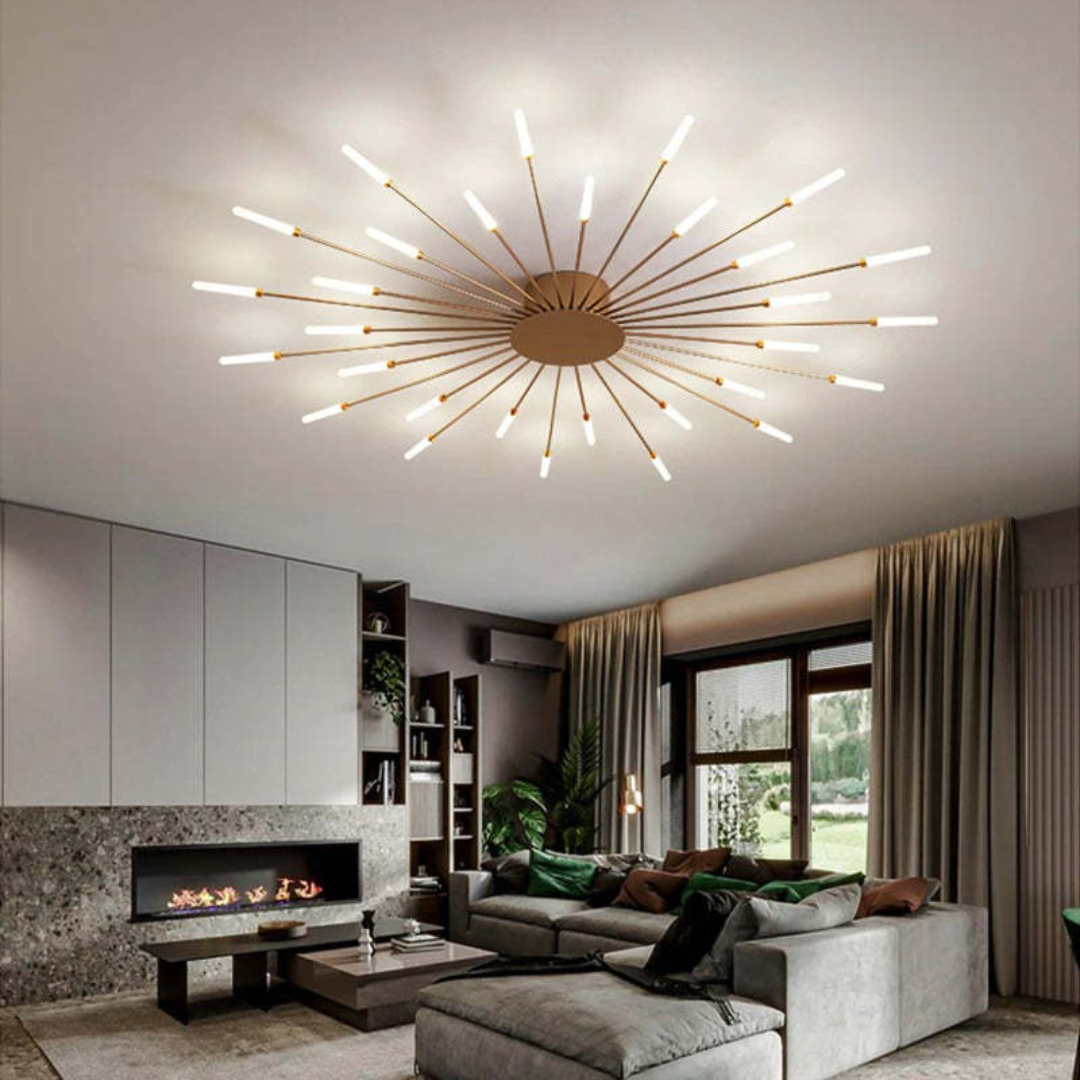 Moderne LED-Deckenleuchte, goldfarben, Wohnzimmer, stilvolles Design, energiesparend.