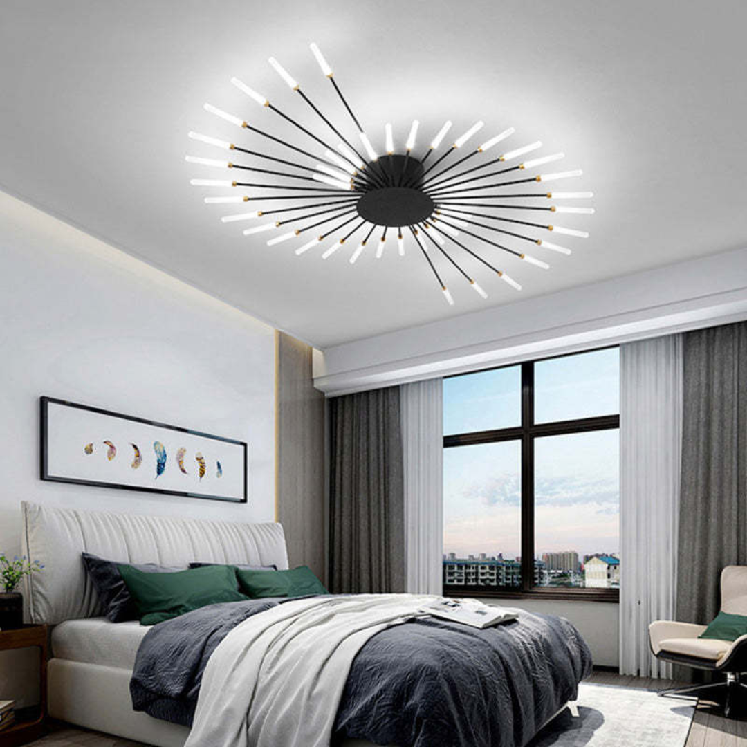 Moderne LED-Deckenleuchte im Schlafzimmer, schwarz-weiß, stilvolles Design, energiesparend.