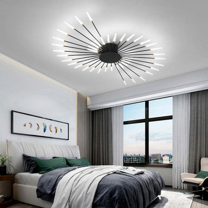 Moderne LED-Deckenleuchte im Schlafzimmer, schwarz-weiß, stilvolles Design, energiesparend.