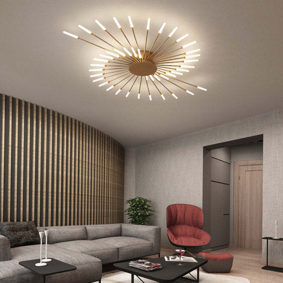 Moderne LED-Deckenleuchte, goldfarben, spiralförmig, Wohnzimmer, stilvolles Design.