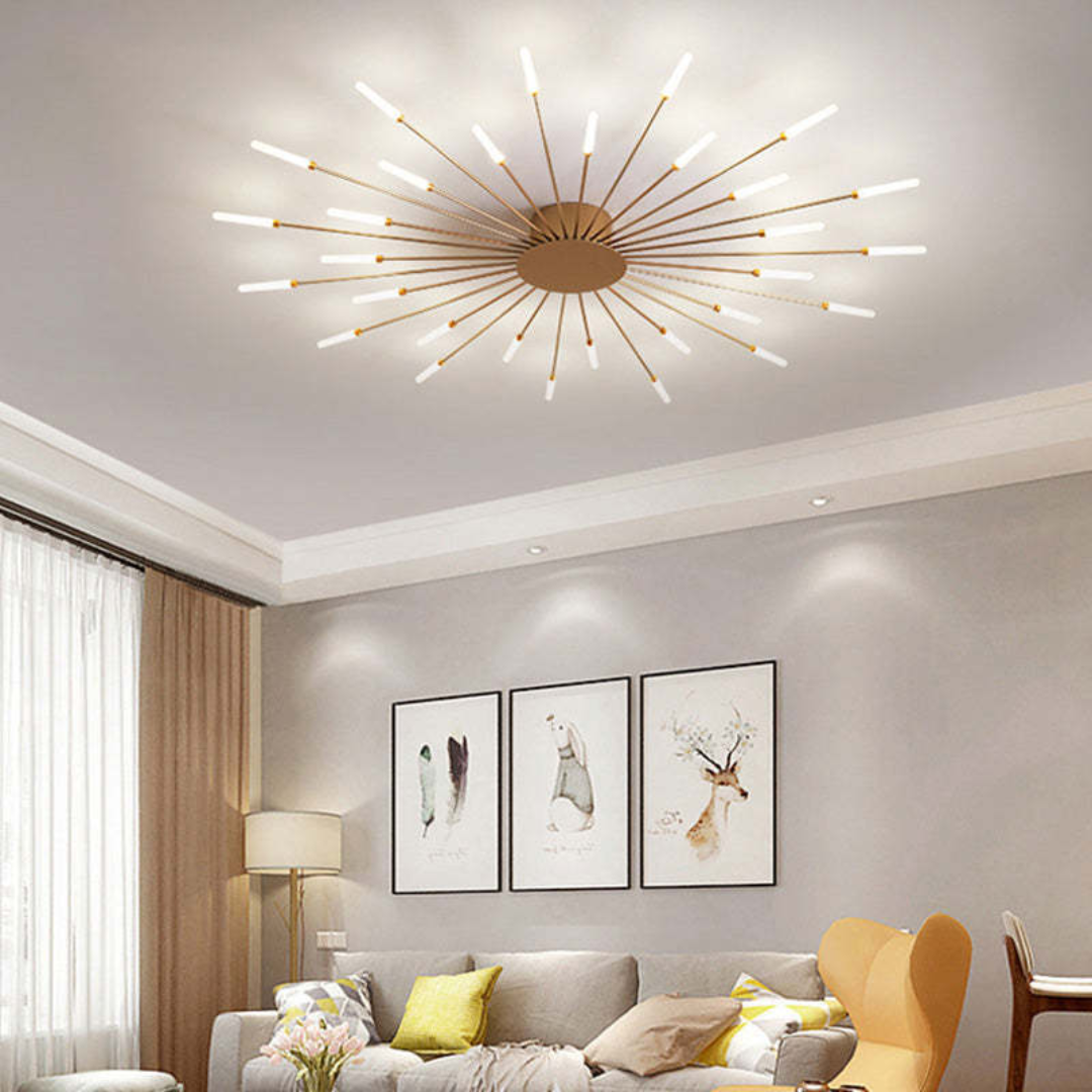 Moderne LED-Deckenleuchte, goldfarben, sternförmig, Wohnzimmer, energiesparend, stilvoll.