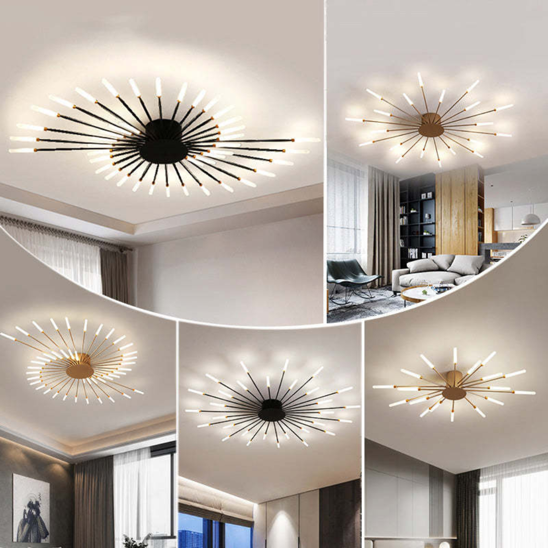 Moderne LED-Deckenleuchte, schwarz-gold, Wohnzimmer, energiesparend, stilvolles Design.
