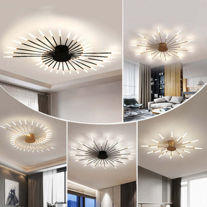 Moderne LED-Deckenleuchte, schwarz-gold, Wohnzimmer, energiesparend, stilvolles Design.