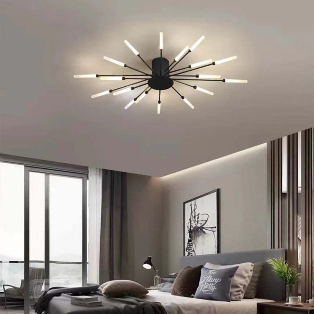 Moderne schwarze Deckenleuchte mit LED-Stäben im Schlafzimmer, stilvolle Beleuchtung.