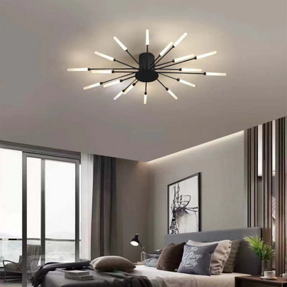 Moderne schwarze Deckenleuchte mit LED-Stäben im Schlafzimmer, stilvolle Beleuchtung.