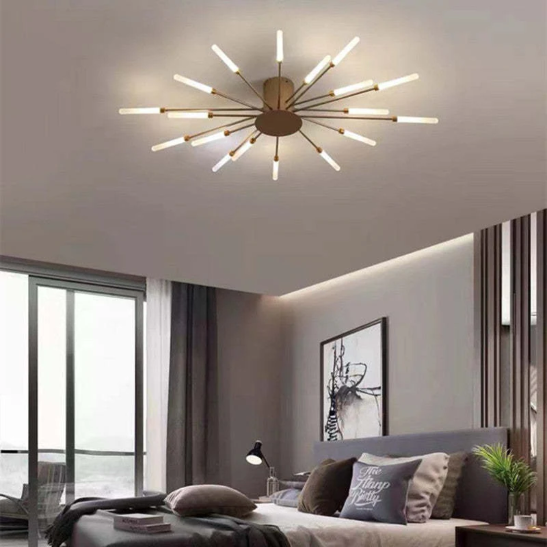 Moderne LED-Deckenleuchte im Schlafzimmer, sternförmiges Design, warmweißes Licht.