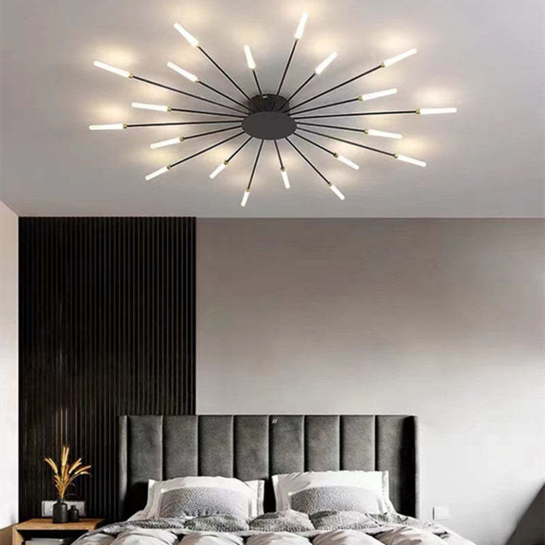 Moderne LED-Deckenleuchte im Schlafzimmer, schwarzes Design, energiesparend, stilvoll.
