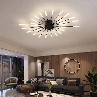 Moderne schwarze Deckenleuchte mit LED-Lampen im Wohnzimmer, stilvolle Inneneinrichtung.
