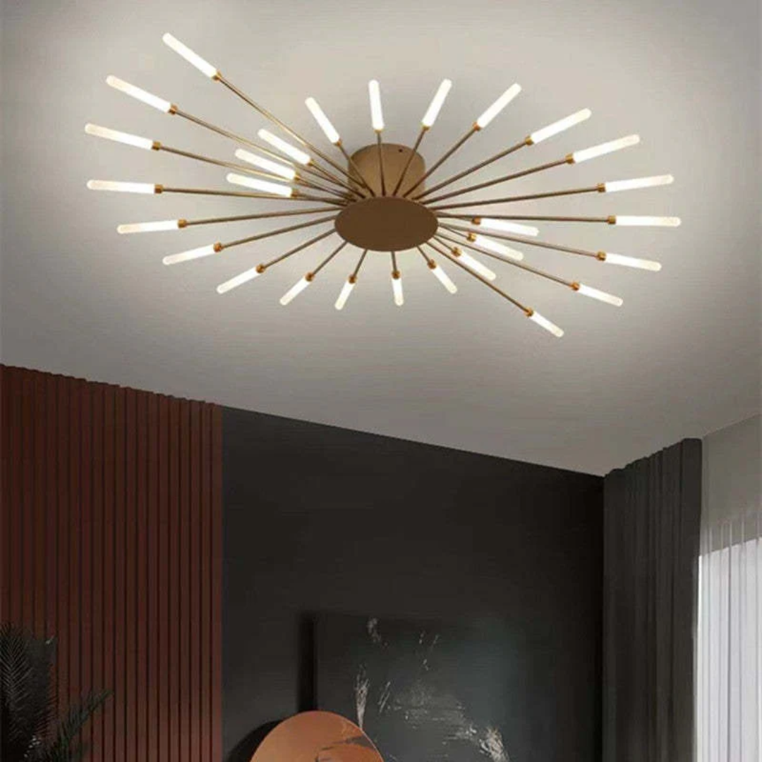 Moderne LED-Deckenleuchte, goldfarben, strahlenförmiges Design, Wohnzimmerbeleuchtung.