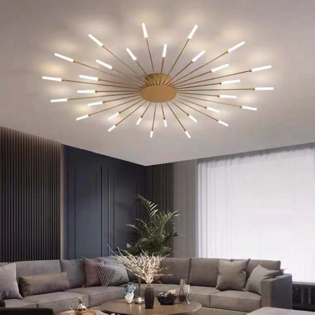 Moderne LED-Deckenleuchte, goldfarben, sternförmig, Wohnzimmer, stilvolle Beleuchtung.