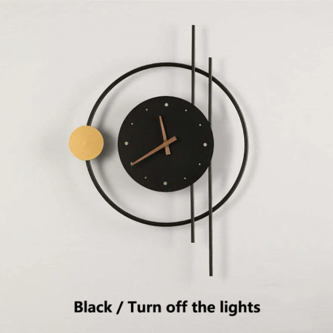 Schwarze Wanduhr mit modernem Design, runden und geraden Elementen, minimalistischer Stil.