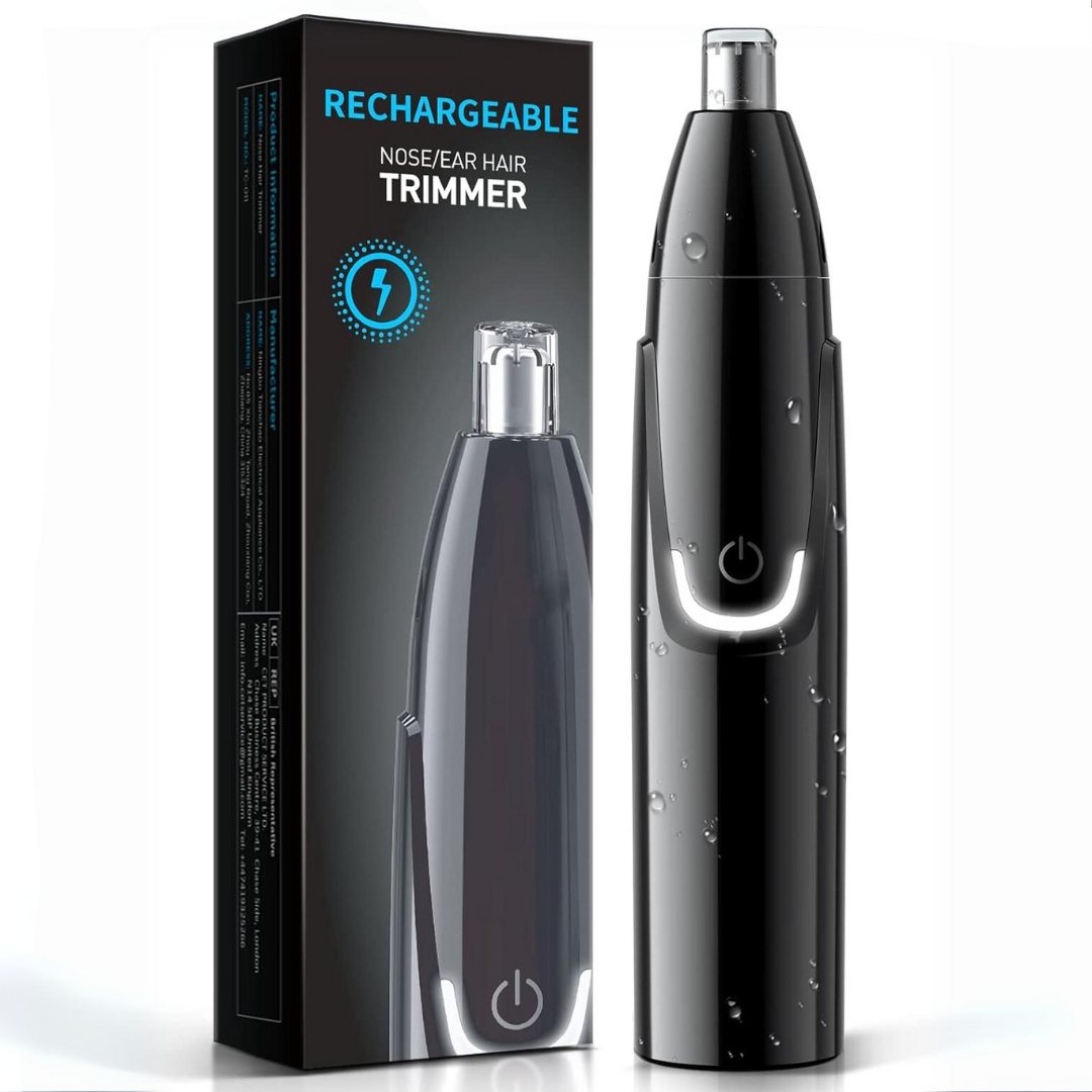 Wiederaufladbarer Nasen- und Ohrhaarschneider, schwarz, wasserdicht, mit Verpackung.