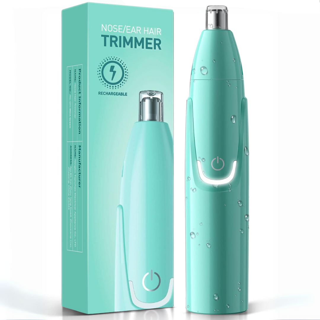 Wiederaufladbarer Nasen- und Ohrenhaarschneider, türkis, wasserdicht, mit Verpackung.