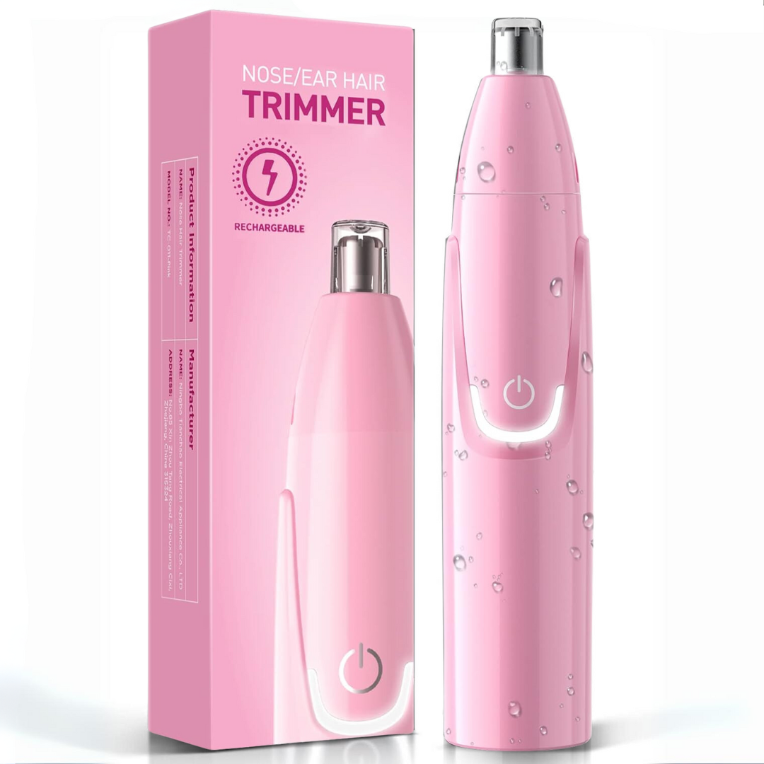 Rosa wiederaufladbarer Nasen- und Ohrenhaarschneider, wasserdicht, mit Verpackung.