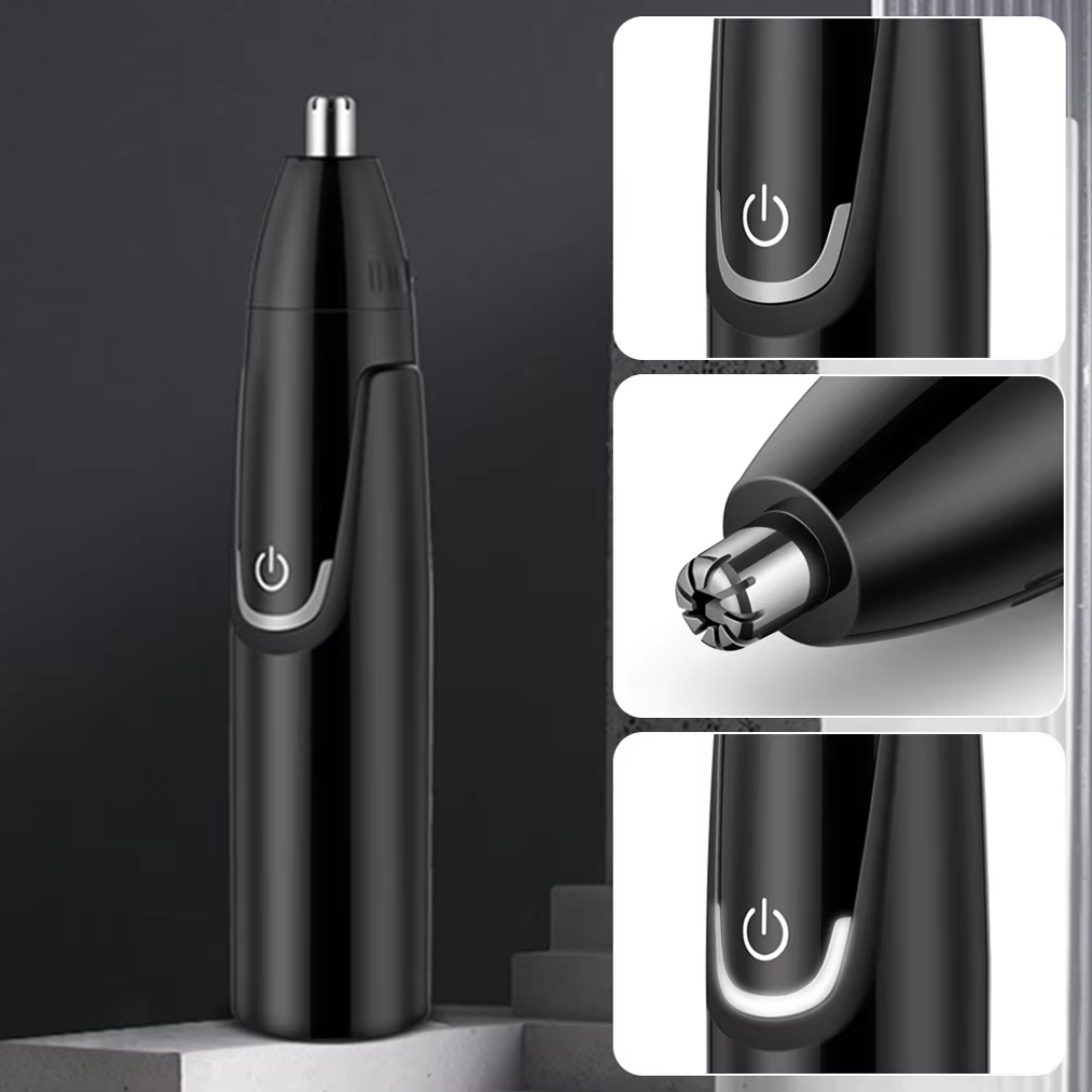 Schwarzer elektrischer Nasenhaarschneider, kabellos, ergonomisches Design, für Männer und Frauen.