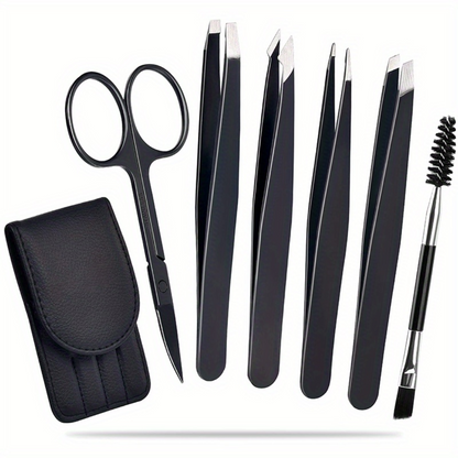 Schwarzes Pinzetten-Set mit Etui, Schere und Bürste, Edelstahl, Augenbrauenpflege-Set.