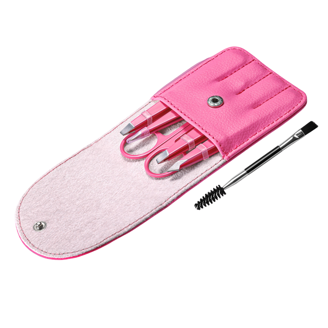 Rosa Maniküre-Set mit Etui, Nagelschere, Pinzette, Nagelhautschieber, ideal für Reisen.