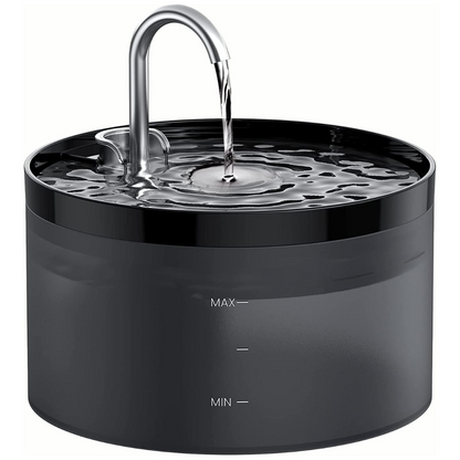 Schwarzer automatischer Katzenbrunnen, Edelstahl, leise Pumpe, Wasserstandsanzeige.