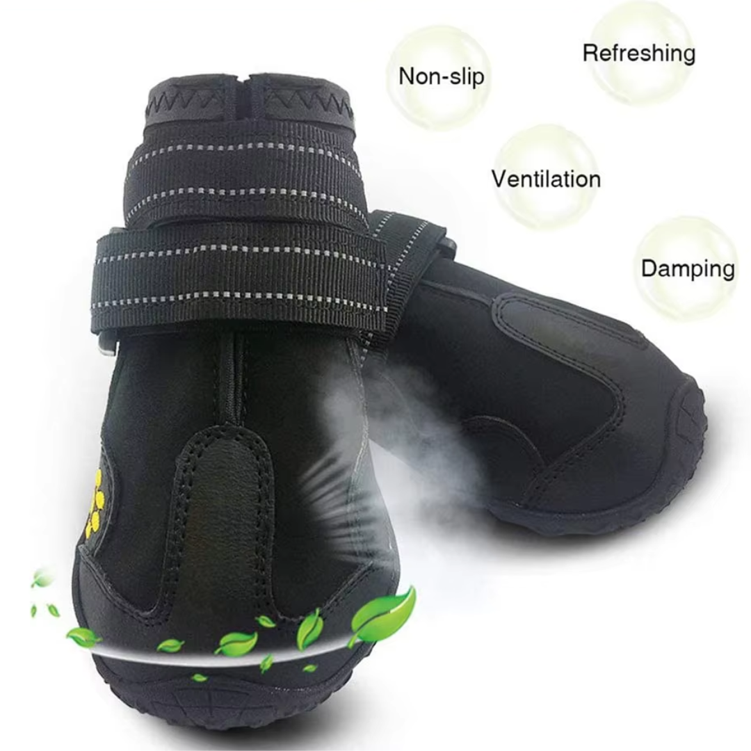 Schwarze rutschfeste Hundeschuhe mit Klettverschluss, atmungsaktiv, stoßdämpfend.