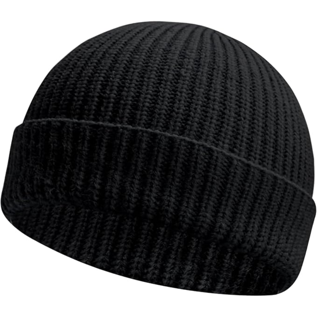 Schwarze Strickmütze, Winteraccessoire, Unisex, warm, modisch, aus Wolle, geripptes Design.