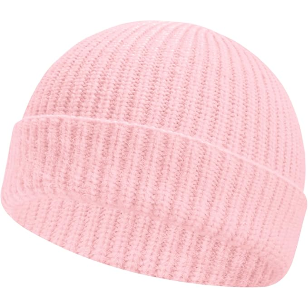 Rosa Strickmütze aus Wolle, warme Wintermütze, modisches Accessoire für kalte Tage.