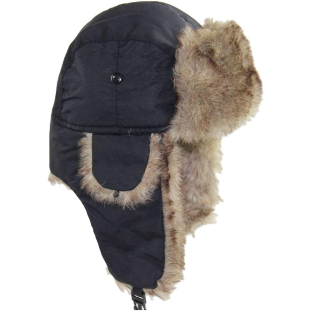 Schwarze Wintermütze mit Kunstfell, Trapper-Stil, warm, winddicht, Unisex.