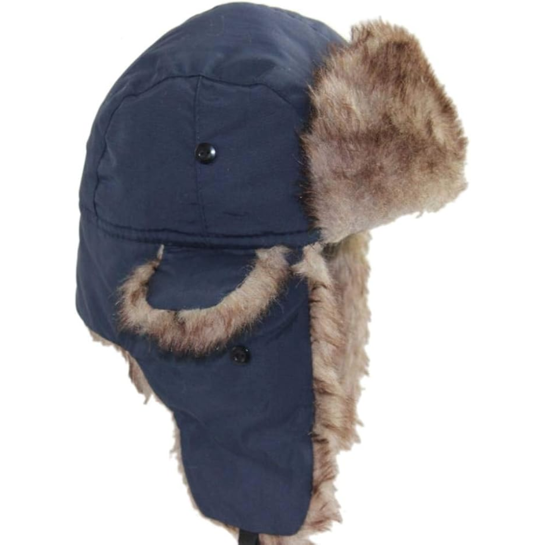 Dunkelblaue Wintermütze mit Kunstfell, Trapper-Stil, warm, winddicht, Unisex.