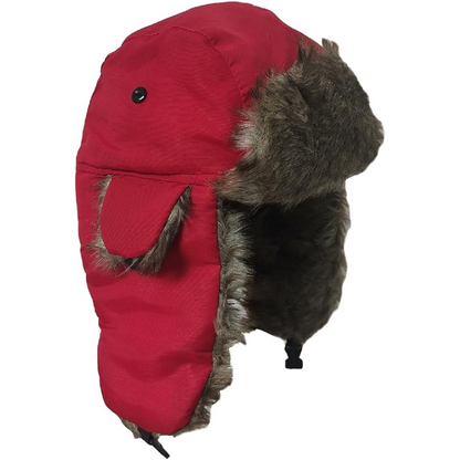 Rote Wintermütze mit Kunstfell, Trapper-Stil, warm, unisex, Outdoor-Kopfbedeckung.