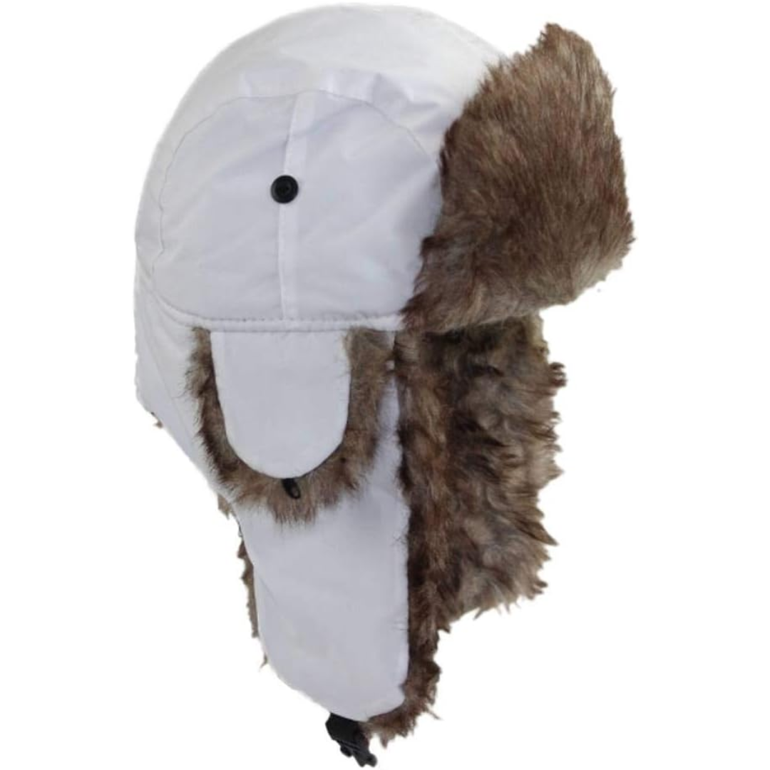 Weiße Wintermütze mit Kunstfell, Trapper-Stil, warm, winddicht, Unisex, Outdoor-Bekleidung.