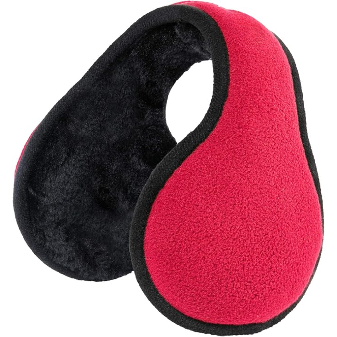 Rote Fleece-Ohrenschützer, schwarz gefüttert, Winteraccessoire, warm, modisch.