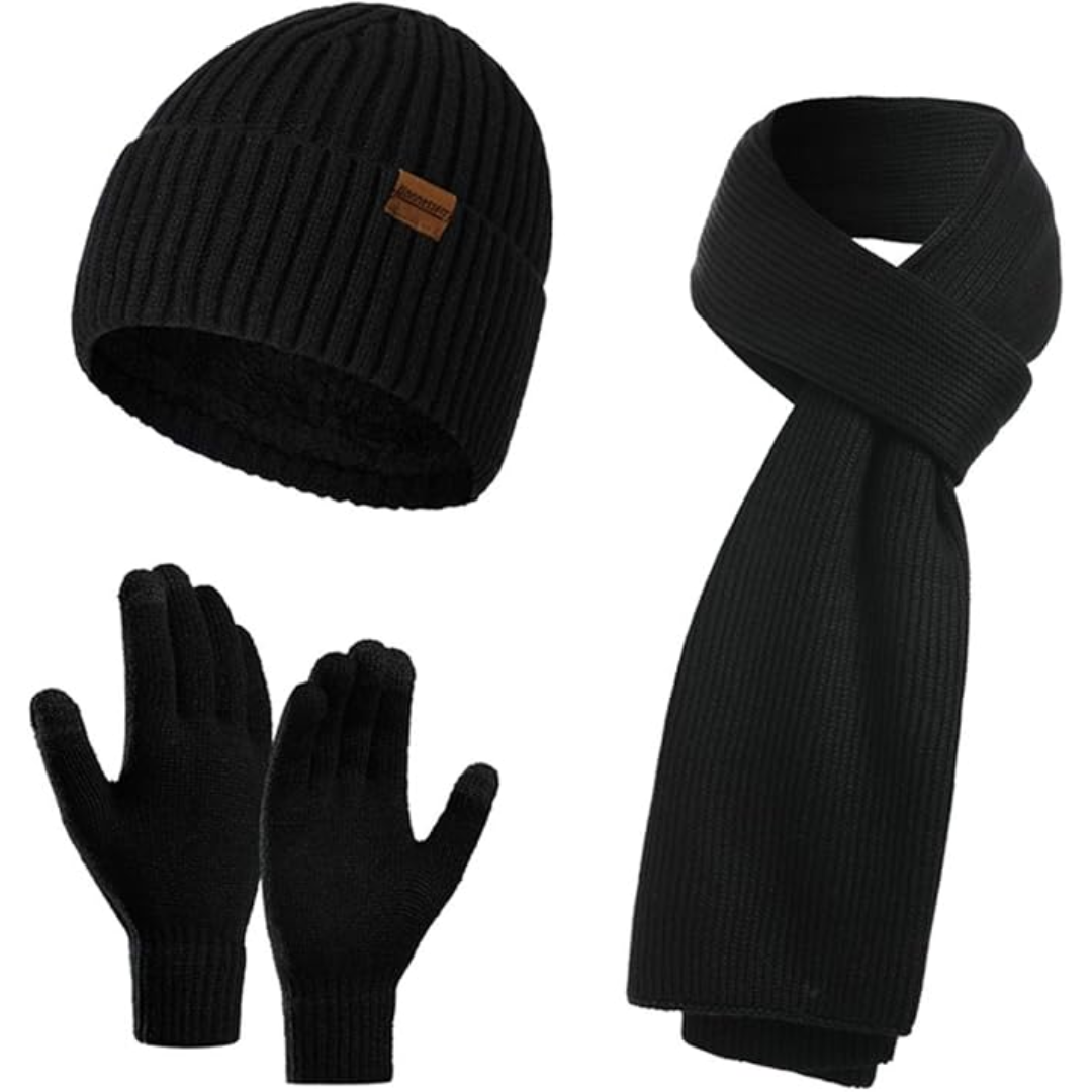Schwarzes Winterset: Mütze, Schal, Handschuhe aus Strick für Herren und Damen.