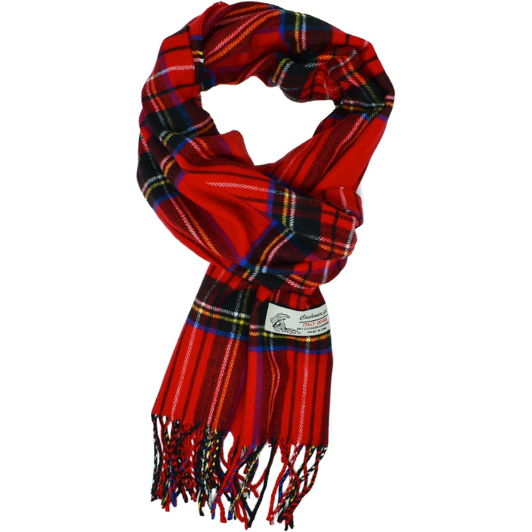 Roter Tartan-Schal aus Wolle, kariert, mit Fransen, modisches Accessoire für Herbst und Winter.