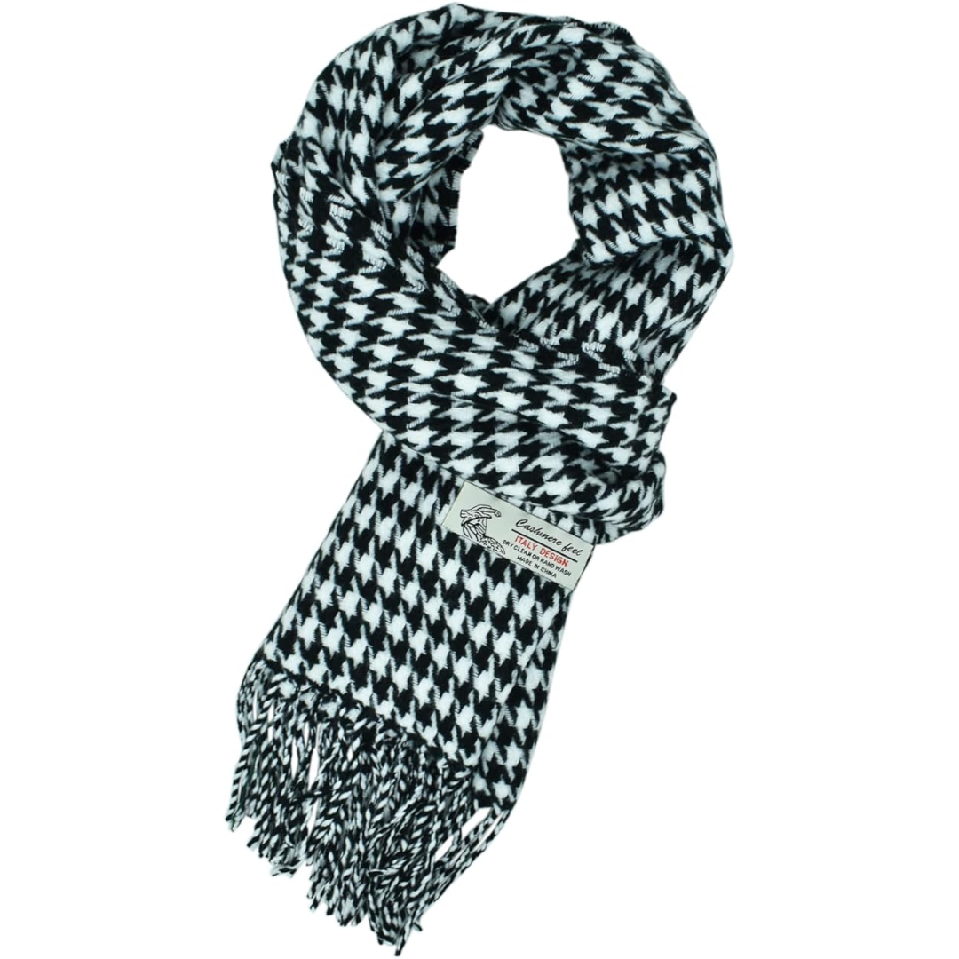 Schwarz-weißer Hahnentritt-Schal, Fransen, weiches Material, modisches Accessoire, Unisex.