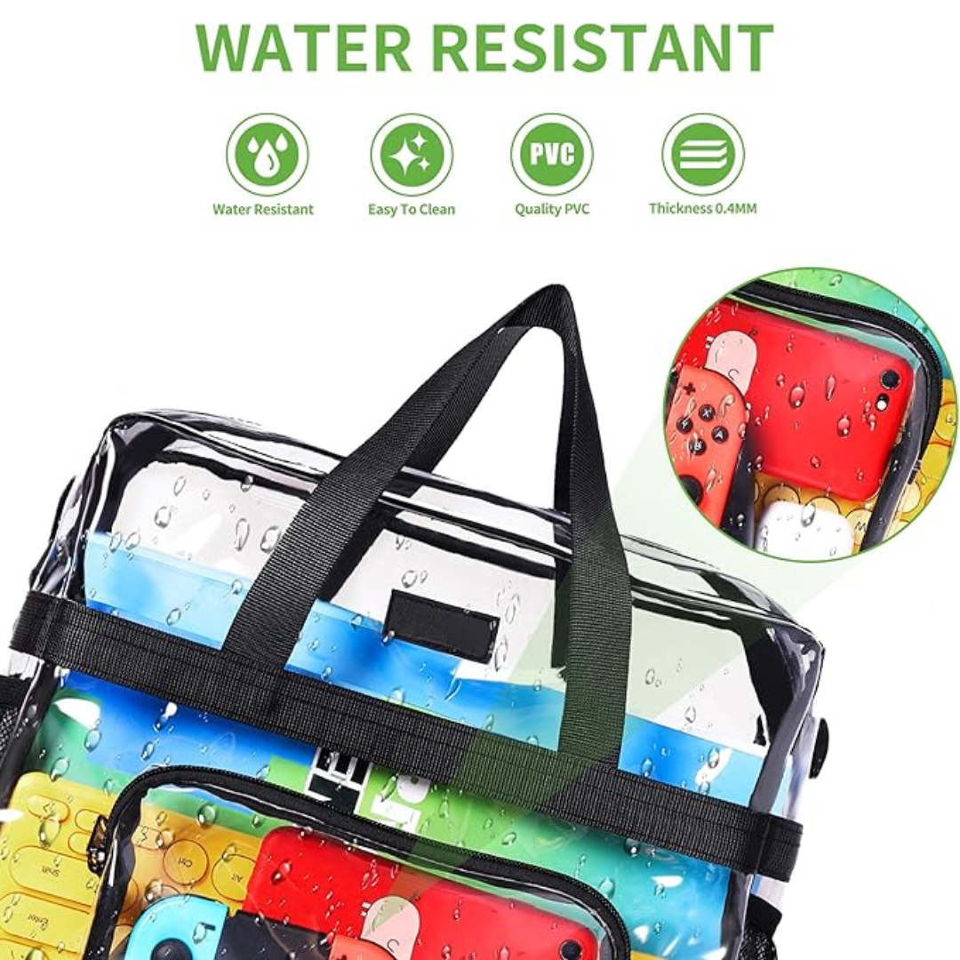 Wasserdichte PVC-Tasche, transparent, mit schwarzen Griffen, ideal für Reisen und Aufbewahrung.