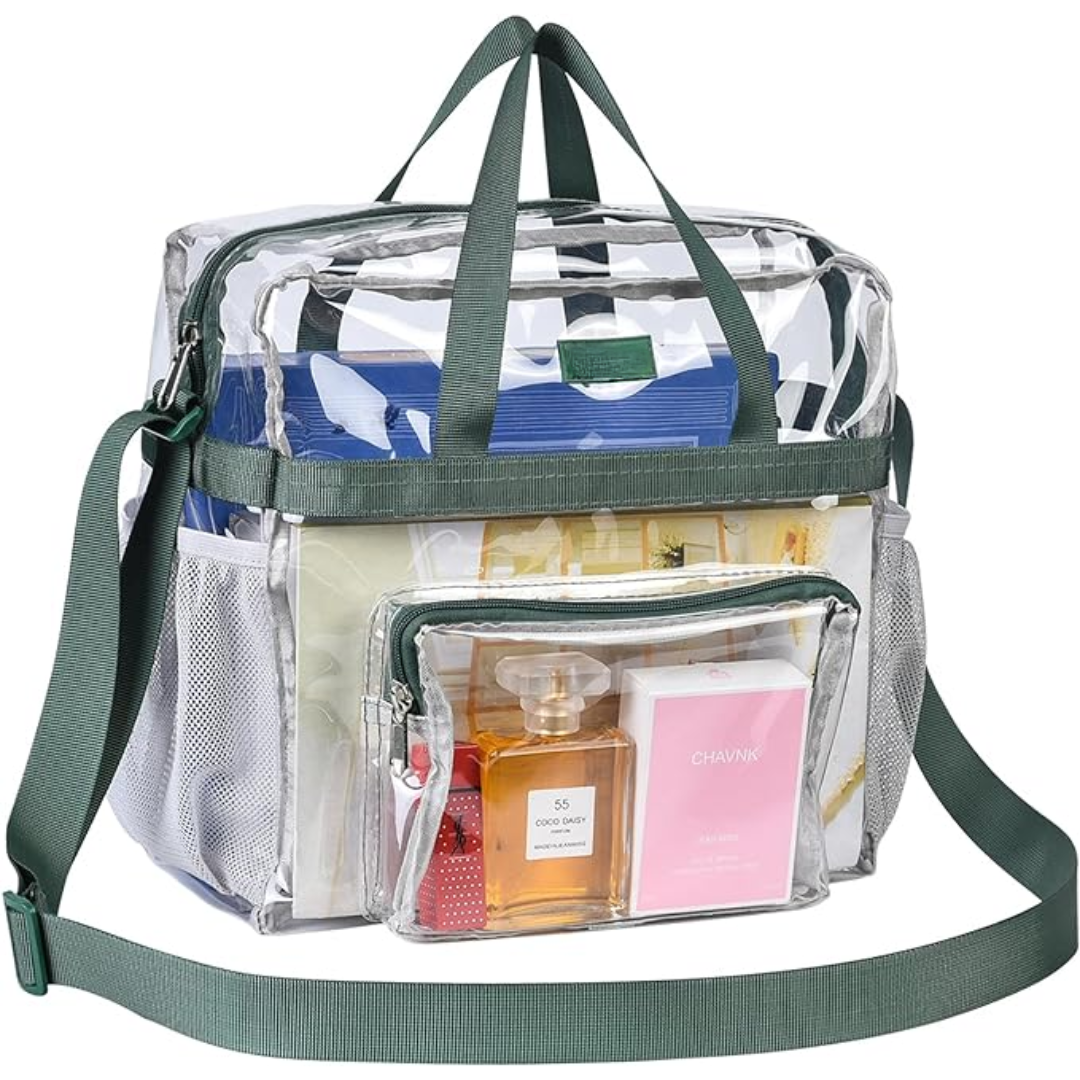 Klarer PVC-Reisetasche mit grünen Trägern, transparent, ideal für Reisen und Aufbewahrung.