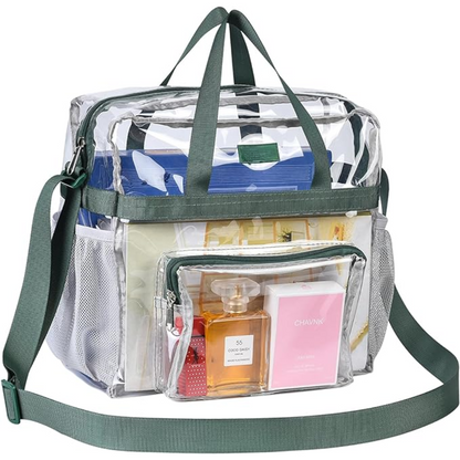 Klarer PVC-Reisetasche mit grünen Trägern, transparent, ideal für Reisen und Aufbewahrung.