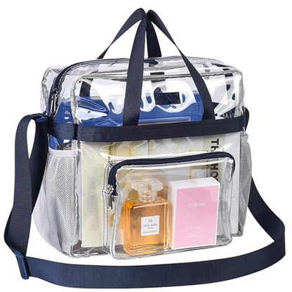 Klarer PVC-Organizer mit schwarzen Trägern, ideal für Reisen und Aufbewahrung von Kosmetik.