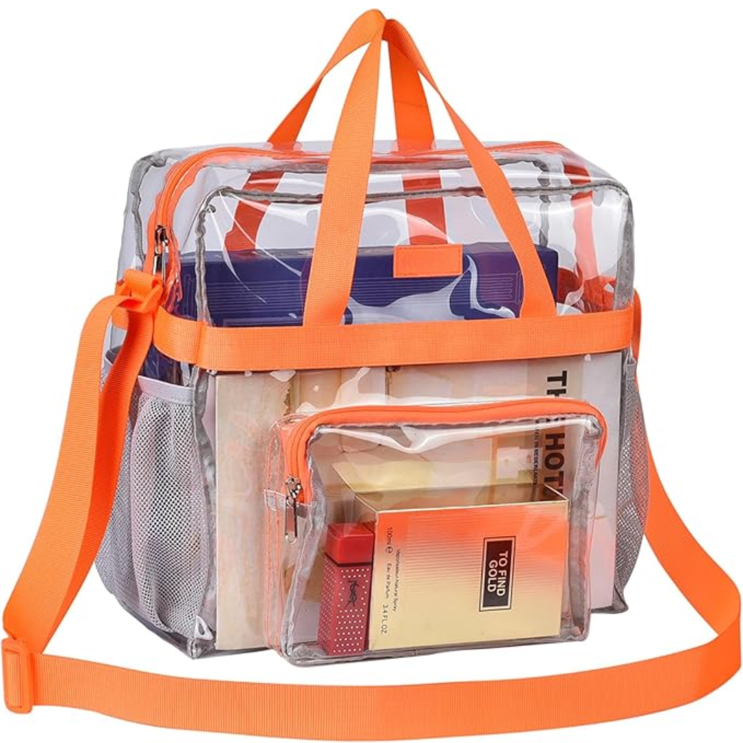 Transparente PVC-Tasche mit orangefarbenen Trägern, ideal für Reisen und Aufbewahrung.