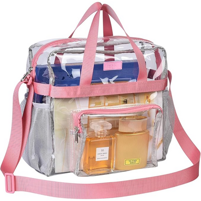 Klarer PVC-Kosmetikbeutel mit rosa Trägern, ideal für Reisen und Aufbewahrung.
