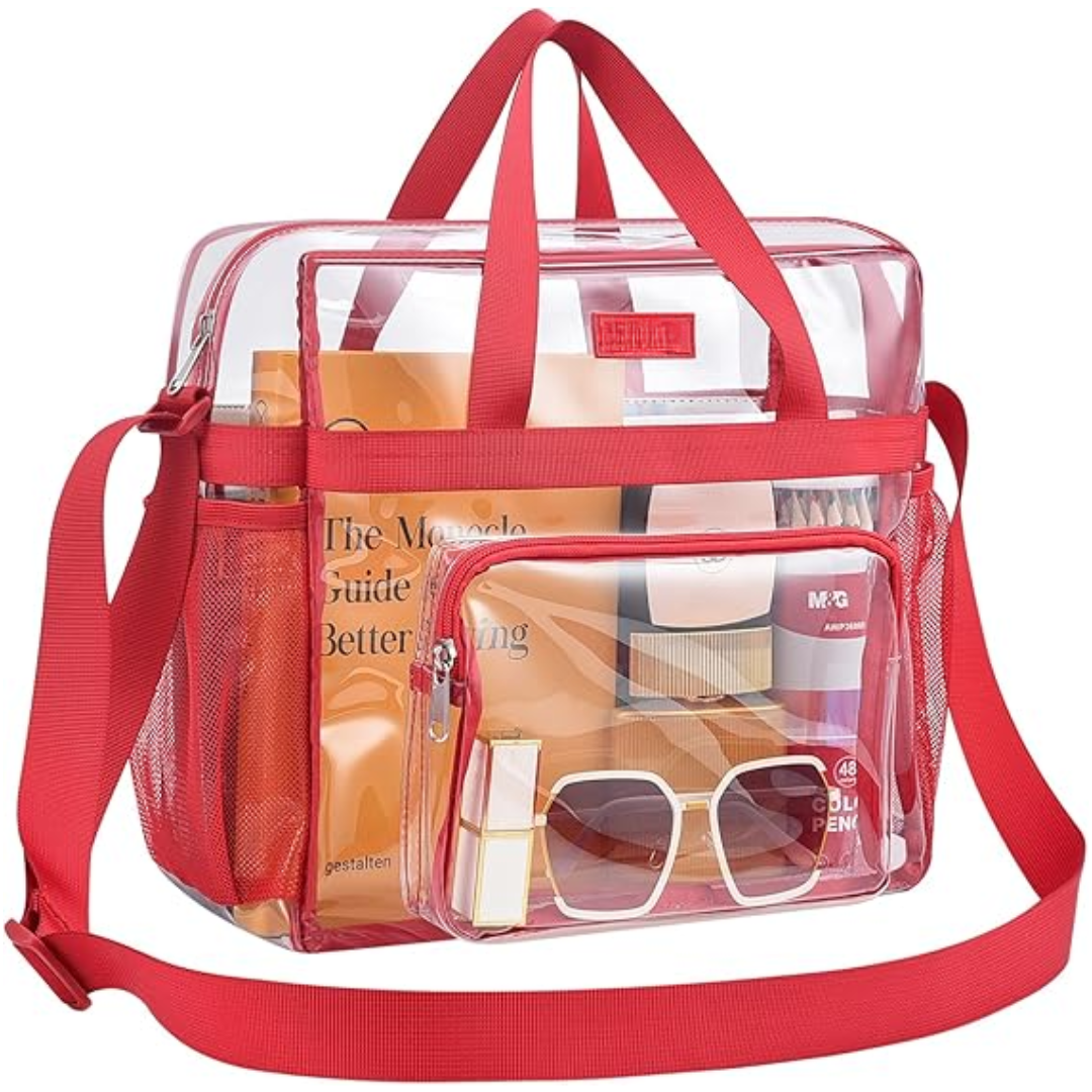Klarer PVC-Tasche mit rotem Rand, Schultergurt, ideal für Reisen, transparent, geräumig.