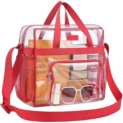 Klarer PVC-Tasche mit rotem Rand, Schultergurt, ideal für Reisen, transparent, geräumig.