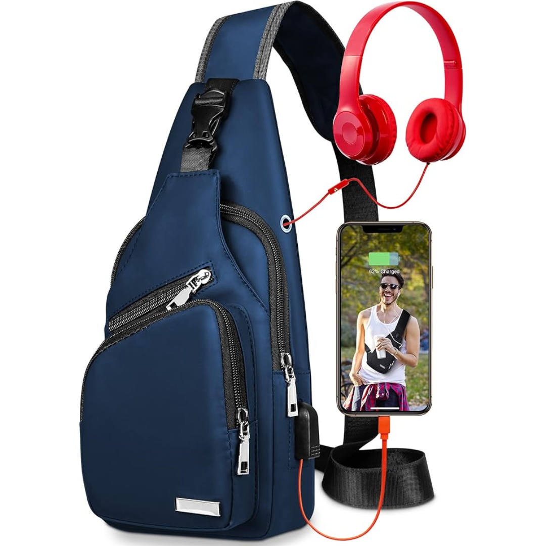 Dunkelblaue Umhängetasche mit Kopfhöreranschluss, USB-Ladeanschluss, ideal für Reisen.