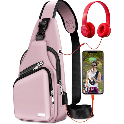 Rosa Umhängetasche mit Kopfhörern und Smartphone, modisch, praktisch, für Reisen und Alltag.