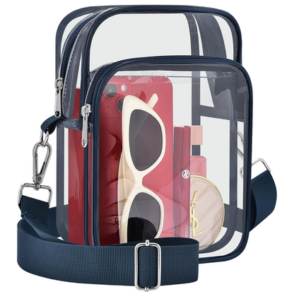 Klarer Rucksack aus PVC mit blauen Rändern, enthält Sonnenbrille, rotes Smartphone und Kosmetik.