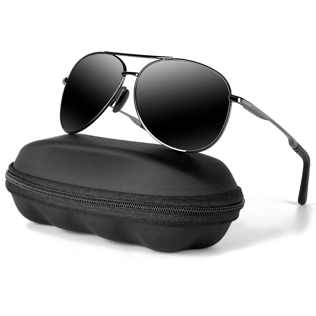 Schwarze Piloten-Sonnenbrille mit Etui, UV-Schutz, modisches Accessoire, Unisex-Design.