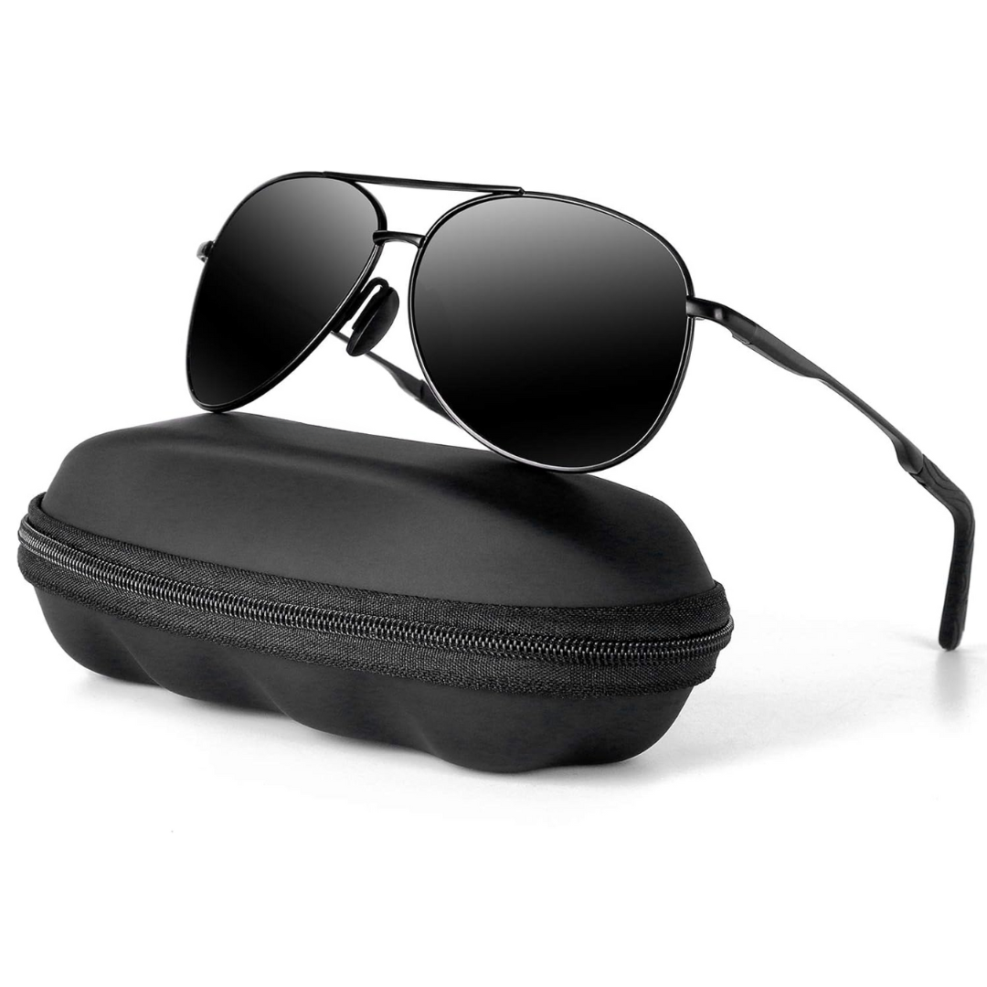 Schwarze Aviator-Sonnenbrille mit Etui, UV-Schutz, modisches Accessoire für Herren und Damen.