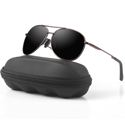Schwarze Pilotenbrille mit Etui, UV-Schutz, Metallrahmen, modisch, unisex.